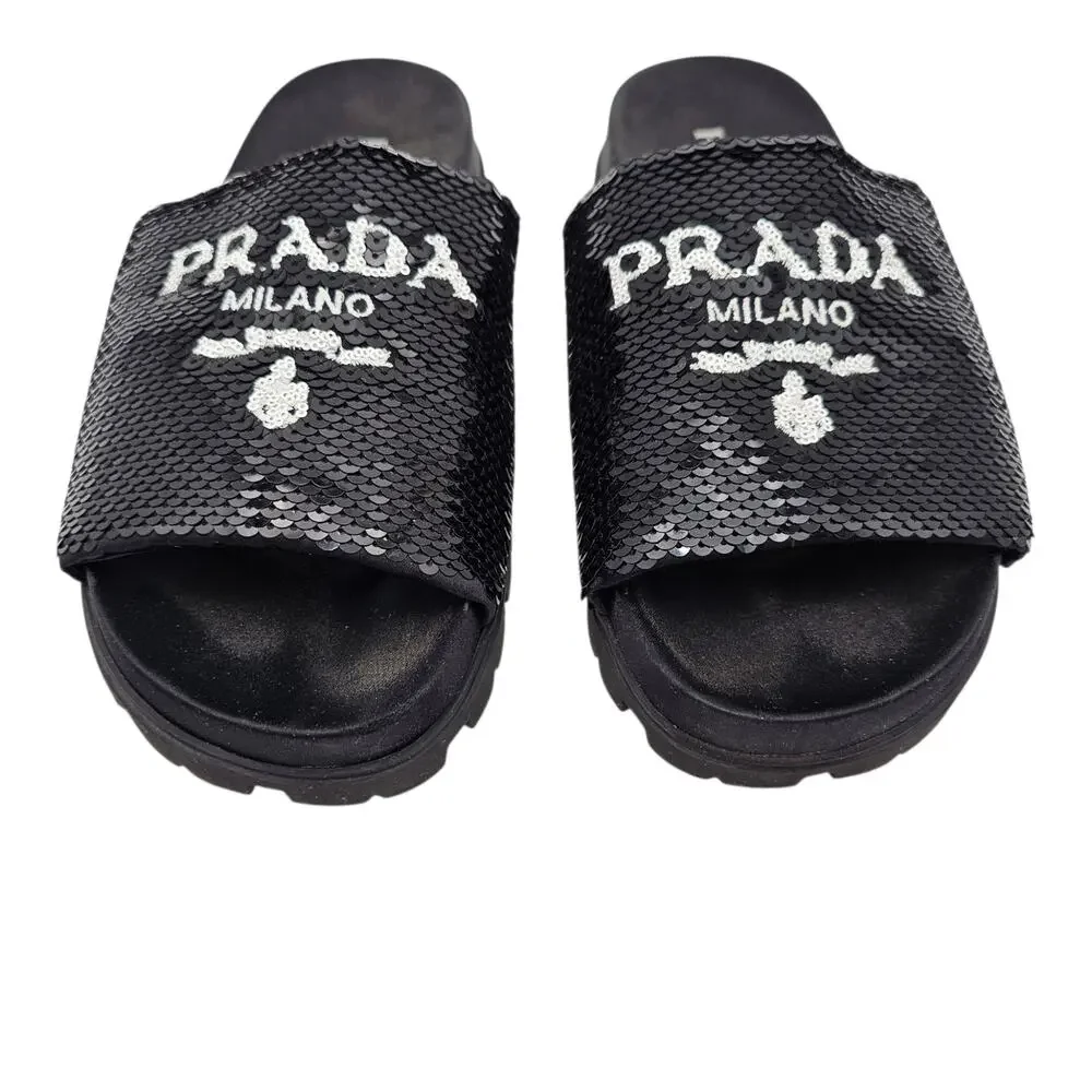Prada Logo Flat Slide Pool Sandal Black White Sequin Slip On Size 38 US 8